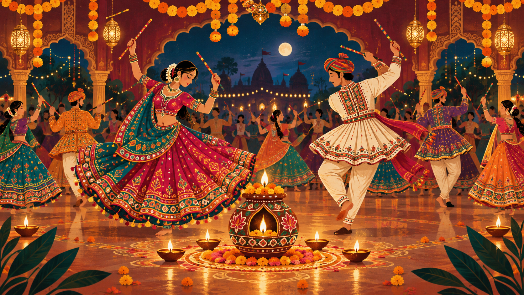 Illustrated Gujarati garba dancers with festive garlands, diyas and a decorated garbo